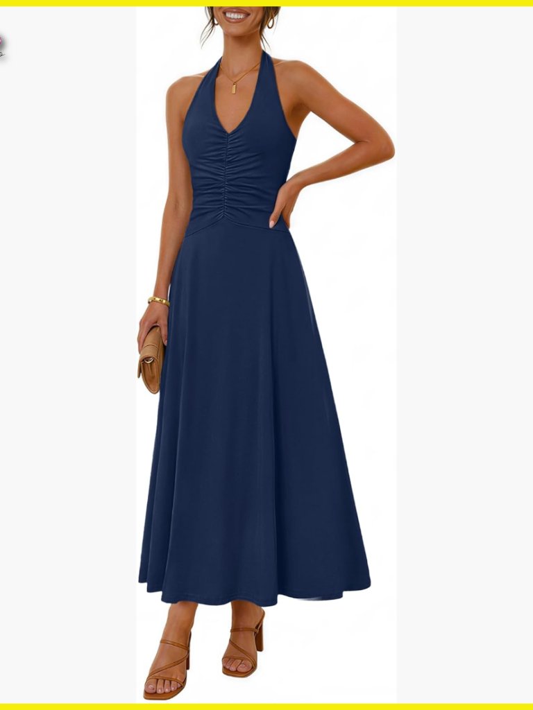 Formal Halter Maxi Dress Backless Sleeveless V Neck Ruched Cocktail Elegant